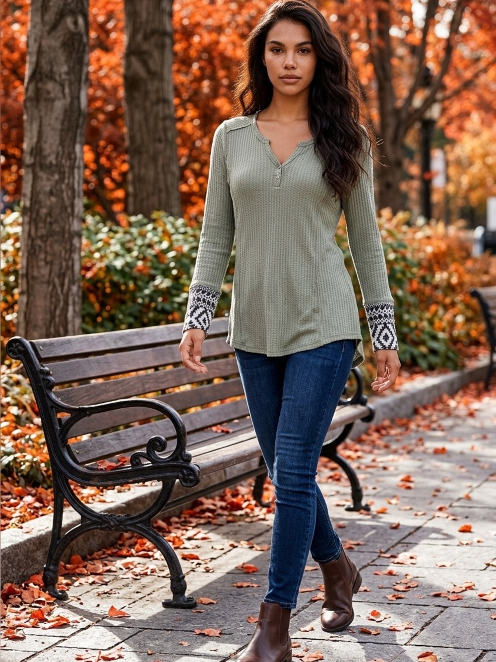 Knox Rose Sage Green Long Sleeve Henley Tunic with Patterned Cuffs